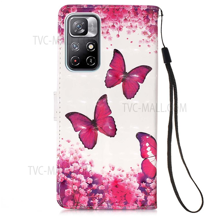 3D Pattern Printing Folio Flip Stand Wallet PU Leather Phone Case Cover with Wrist Strap for Xiaomi Redmi Note 11 5G/Poco M4 Pro 5G - Rose Red Butterfly-3