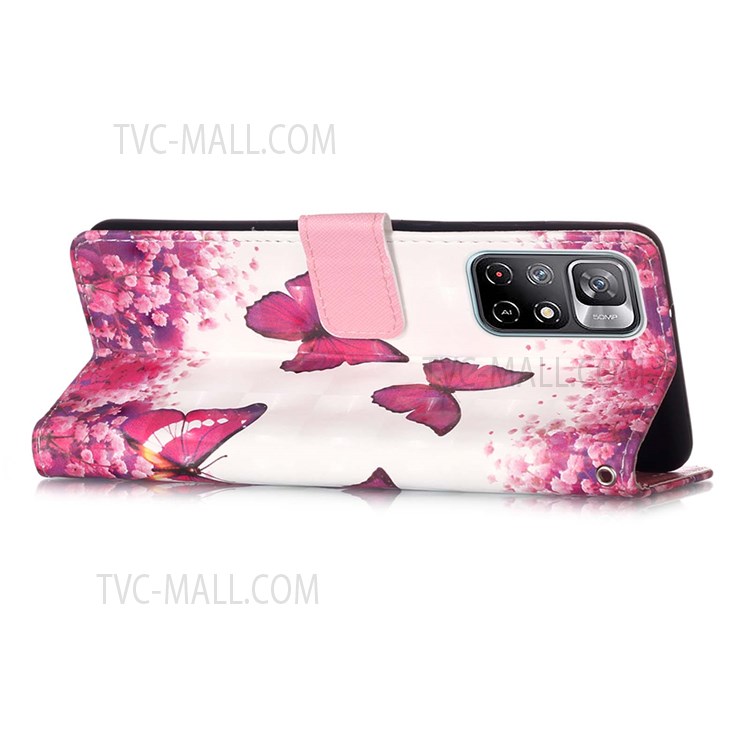 3D Pattern Printing Folio Flip Stand Wallet PU Leather Phone Case Cover with Wrist Strap for Xiaomi Redmi Note 11 5G/Poco M4 Pro 5G - Rose Red Butterfly-5