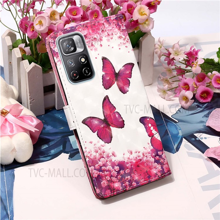 3D Pattern Printing Folio Flip Stand Wallet PU Leather Phone Case Cover with Wrist Strap for Xiaomi Redmi Note 11 5G/Poco M4 Pro 5G - Rose Red Butterfly-7