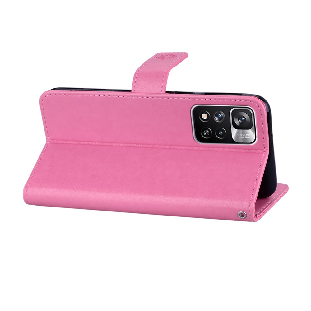 PU Leather Magnetic Clasp Rhinestone Decor Phone Case Wallet Stand Owl Flower Imprinted Shell Cover with Strap for Xiaomi Redmi Note 11 Pro+ / Redmi Note 11 Pro - Rose-3