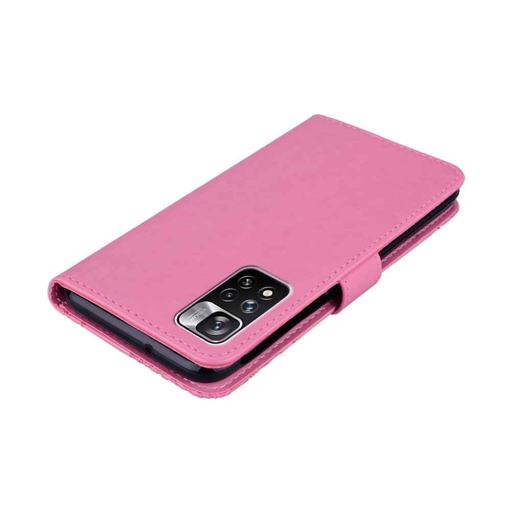 PU Leather Magnetic Clasp Rhinestone Decor Phone Case Wallet Stand Owl Flower Imprinted Shell Cover with Strap for Xiaomi Redmi Note 11 Pro+ / Redmi Note 11 Pro - Rose-6