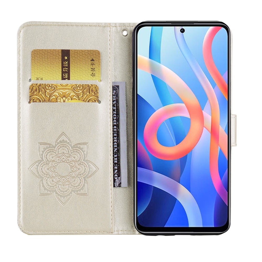 Mobile Phone Case Rhinestone Decor Flip PU Leather Magnetic Clasp Case Compatible for Xiaomi Redmi Note 11 5G / Poco M4 Pro 5G Wallet Stand Owl Flower Imprinted Phone Shell - Gold-4