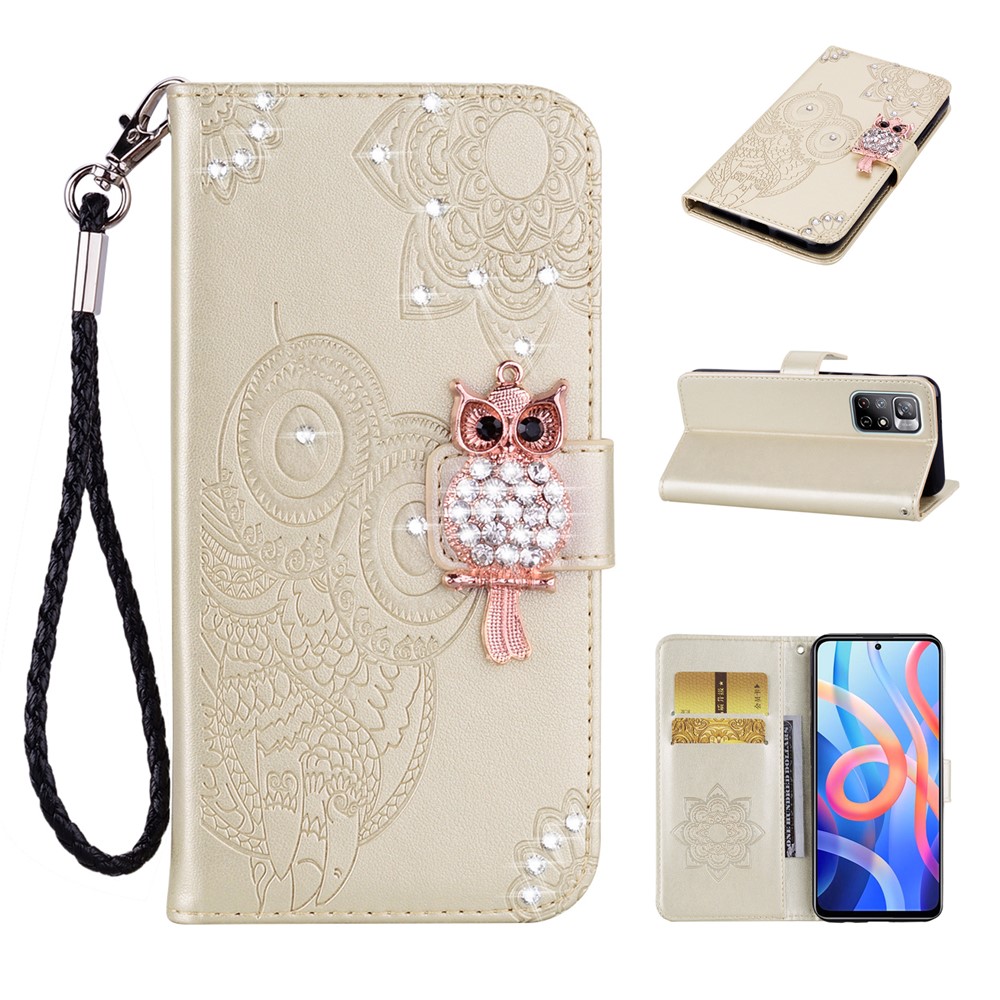 Mobile Phone Case Rhinestone Decor Flip PU Leather Magnetic Clasp Case Compatible for Xiaomi Redmi Note 11 5G / Poco M4 Pro 5G Wallet Stand Owl Flower Imprinted Phone Shell - Gold-7