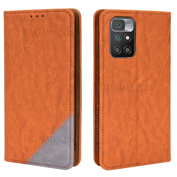 Triangle Color Splicing Wallet PU Leather Cover Magnetic Auto Closing Foldable Stand Phone Case for Xiaomi Redmi Note 11 4G/Redmi 10/Redmi 10 Prime - Brown-1