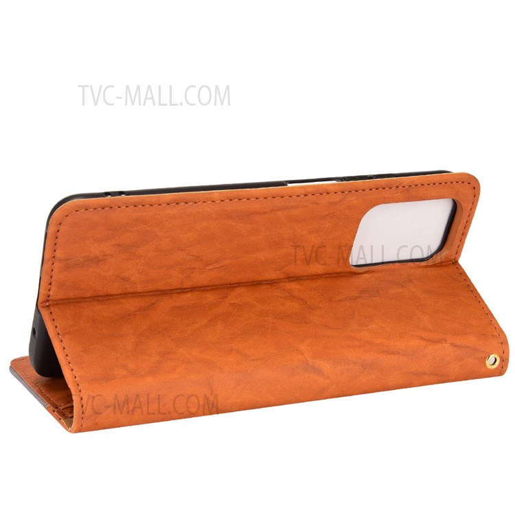 Triangle Color Splicing Wallet PU Leather Cover Magnetic Auto Closing Foldable Stand Phone Case for Xiaomi Redmi Note 11 4G/Redmi 10/Redmi 10 Prime - Brown-5