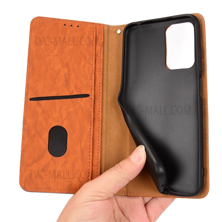 Triangle Color Splicing Wallet PU Leather Cover Magnetic Auto Closing Foldable Stand Phone Case for Xiaomi Redmi Note 11 4G/Redmi 10/Redmi 10 Prime - Brown-8