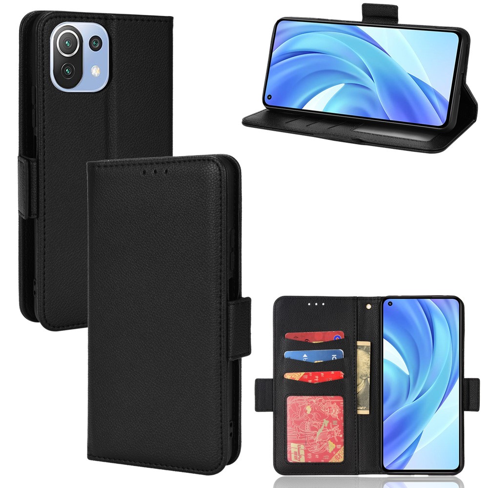 Folio Flip Litchi Texture Wallet Case PU Leather Well-protected Anti-fall Mobile Phone Cover with Stand for Xiaomi 11 Lite 5G NE/Xiaomi Mi 11 Lite 4G/5G - Black-7