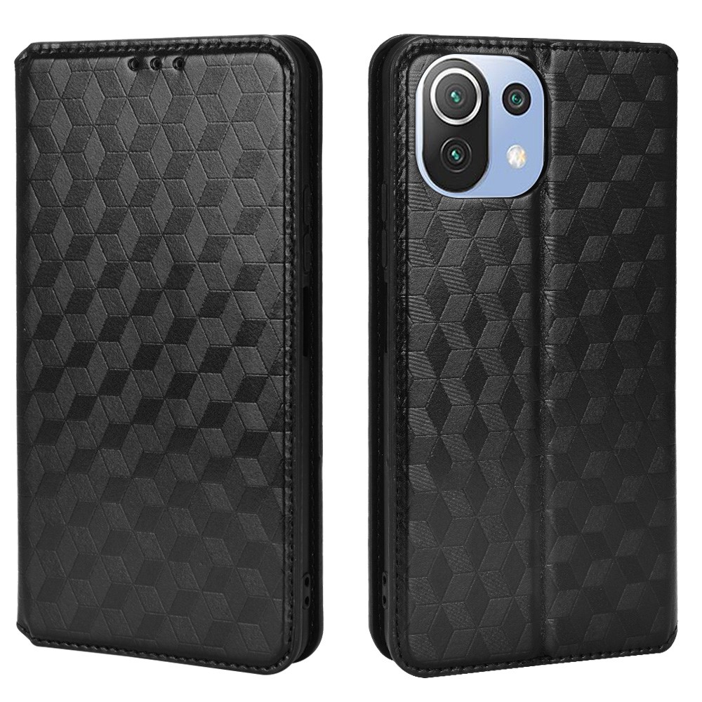 Magnetic Auto Closing Folio Flip Full Protection 3D Rhombus Imprinted PU Leather Phone Case with Stand Wallet for Xiaomi 11 Lite 5G NE/Mi 11 Lite 4G/5G - Black-1