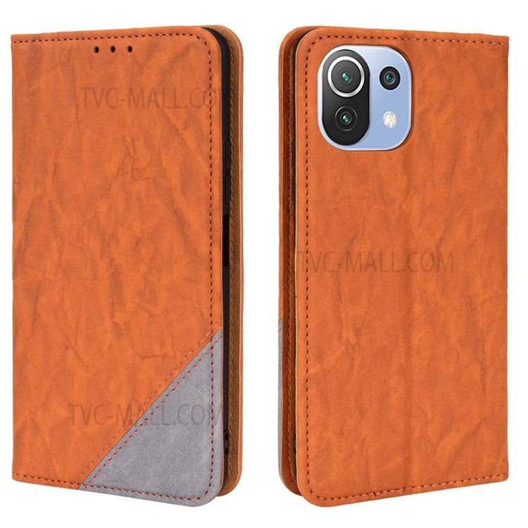 Color Splicing PU Leather + TPU Stand Wallet Magnetic Auto Closing Fall Prevention Phone Case Shell for Xiaomi Mi 11 Lite 4G/5G/5G NE - Brown-1