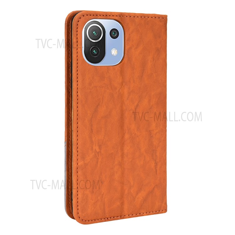 Color Splicing PU Leather + TPU Stand Wallet Magnetic Auto Closing Fall Prevention Phone Case Shell for Xiaomi Mi 11 Lite 4G/5G/5G NE - Brown-3