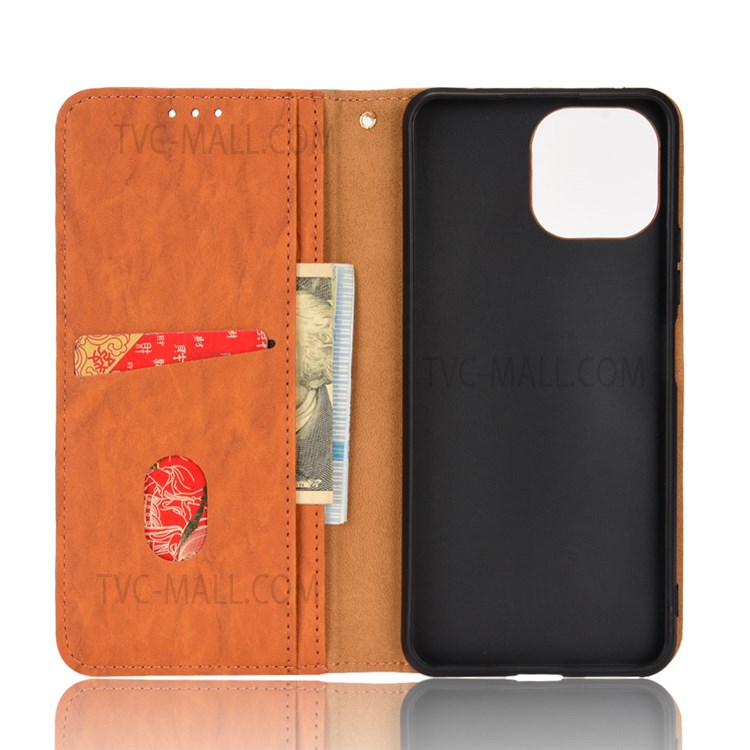 Color Splicing PU Leather + TPU Stand Wallet Magnetic Auto Closing Fall Prevention Phone Case Shell for Xiaomi Mi 11 Lite 4G/5G/5G NE - Brown-6