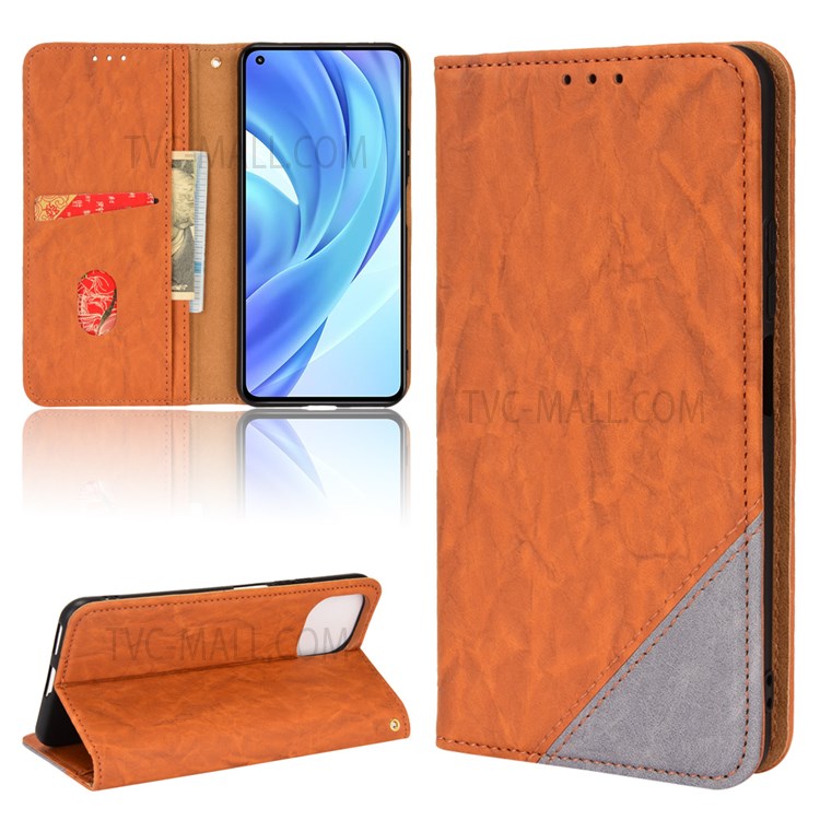 Color Splicing PU Leather + TPU Stand Wallet Magnetic Auto Closing Fall Prevention Phone Case Shell for Xiaomi Mi 11 Lite 4G/5G/5G NE - Brown-7
