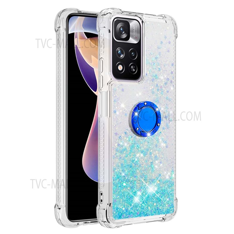 LE1-2 Series Glittering Sequins TPU Shell Moving Quicksand Drop-proof Phone Case with Ring Kickstand for Xiaomi Redmi Note 11 Pro/Note 11 Pro+ - Blue/Pentagram-1