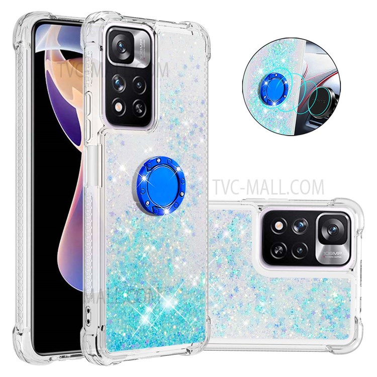 LE1-2 Series Glittering Sequins TPU Shell Moving Quicksand Drop-proof Phone Case with Ring Kickstand for Xiaomi Redmi Note 11 Pro/Note 11 Pro+ - Blue/Pentagram-7