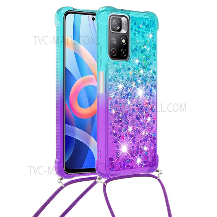 LE3-1 Series Adjustable Lanyard Design Gradient Flowing Quicksand Soft TPU Phone Case Cover for Xiaomi Redmi Note 11 5G/Poco M4 Pro 5G - Sky Blue/Purple-2