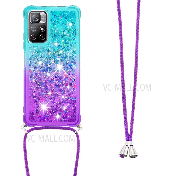 LE3-1 Series Adjustable Lanyard Design Gradient Flowing Quicksand Soft TPU Phone Case Cover for Xiaomi Redmi Note 11 5G/Poco M4 Pro 5G - Sky Blue/Purple-3