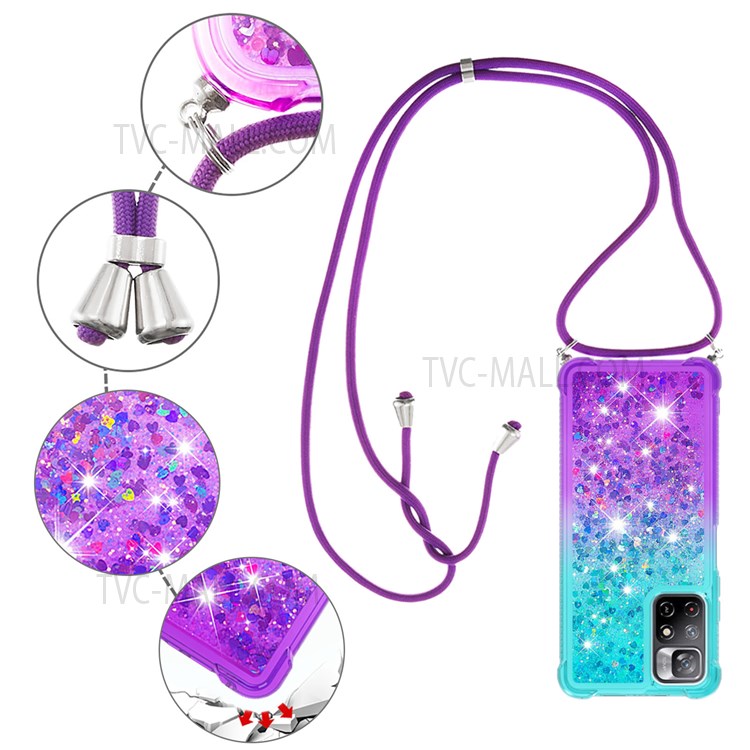 LE3-1 Series Adjustable Lanyard Design Gradient Flowing Quicksand Soft TPU Phone Case Cover for Xiaomi Redmi Note 11 5G/Poco M4 Pro 5G - Sky Blue/Purple-5