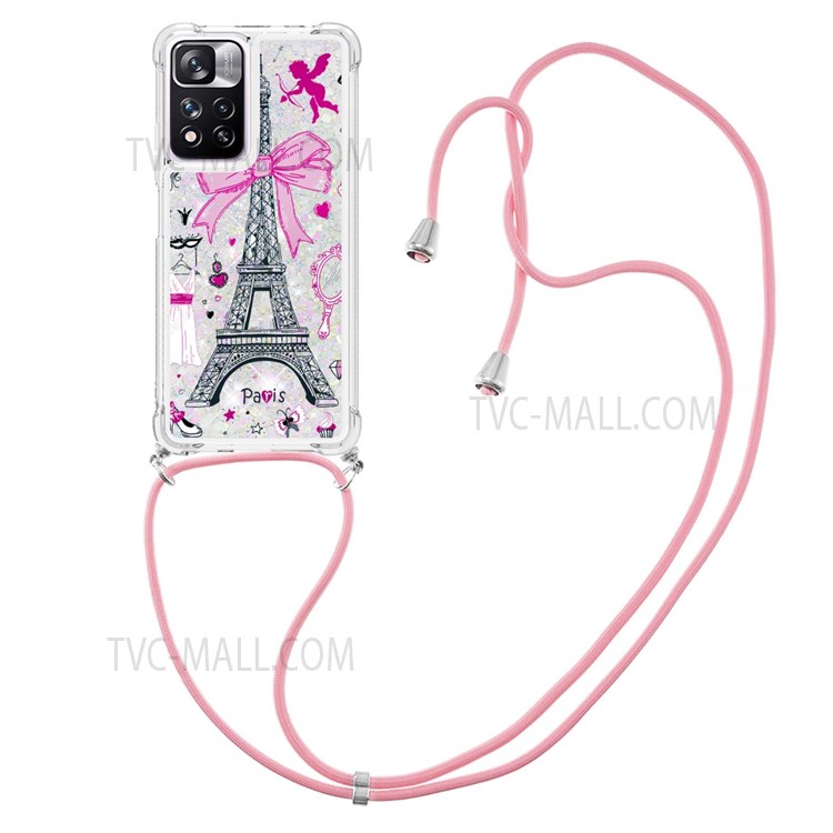 LE2-1 Series Pattern Printing Glitter Sequins Quicksand TPU Phone Case Cover with Adjustable Lanyard for Xiaomi Redmi Note 11 Pro/Note 11 Pro+ - Mirror/Tower-1