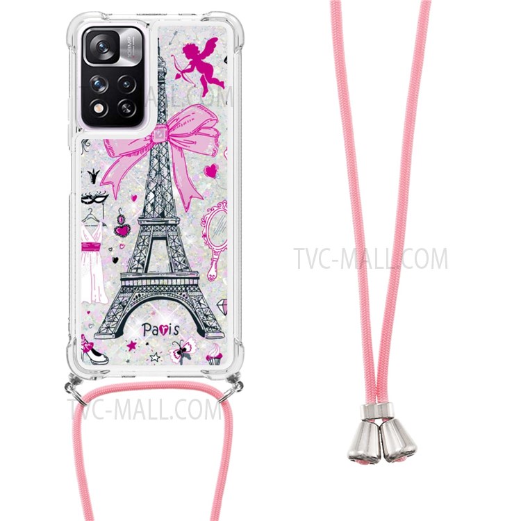 LE2-1 Series Pattern Printing Glitter Sequins Quicksand TPU Phone Case Cover with Adjustable Lanyard for Xiaomi Redmi Note 11 Pro/Note 11 Pro+ - Mirror/Tower-3