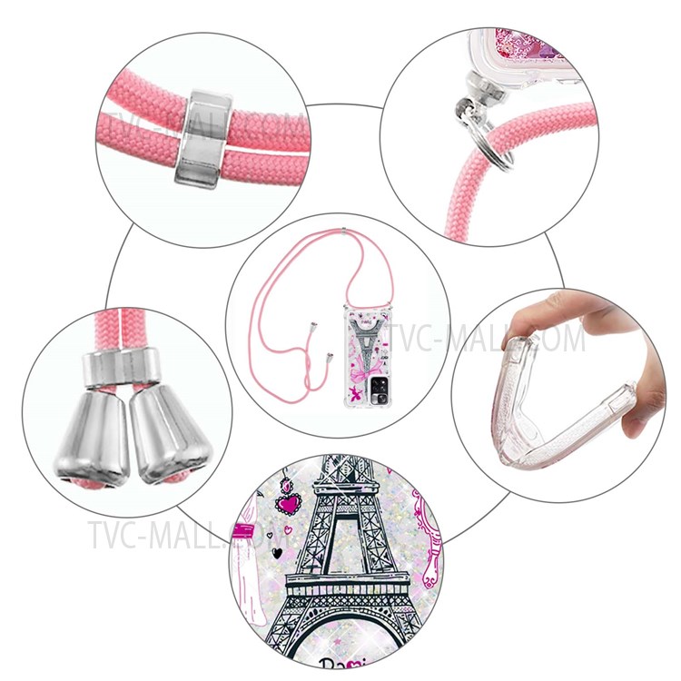 LE2-1 Series Pattern Printing Glitter Sequins Quicksand TPU Phone Case Cover with Adjustable Lanyard for Xiaomi Redmi Note 11 Pro/Note 11 Pro+ - Mirror/Tower-5