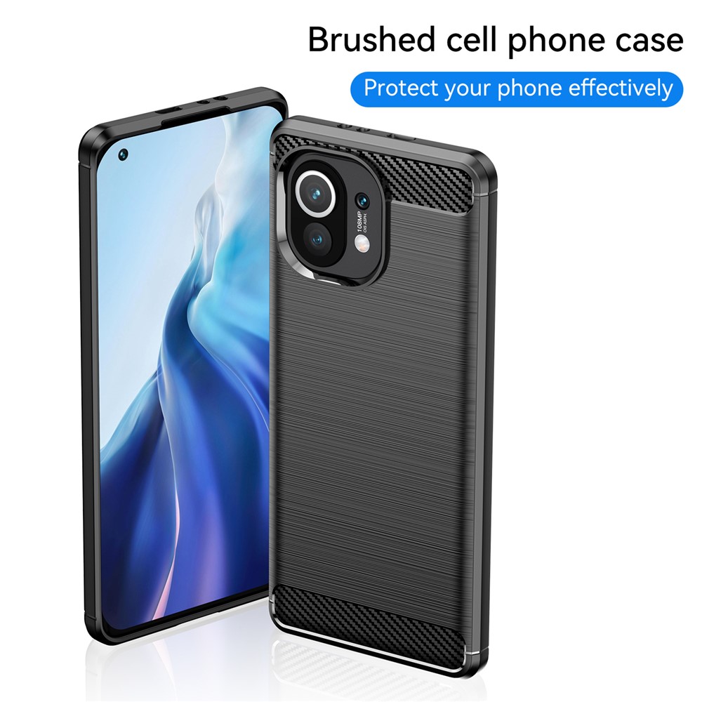 1,8 mm Für Xiaomi Mi 11 Kohlefaser Gebürstete Textur Soft TPU Back Case Mobiltelefonabdeckung - Schwarz