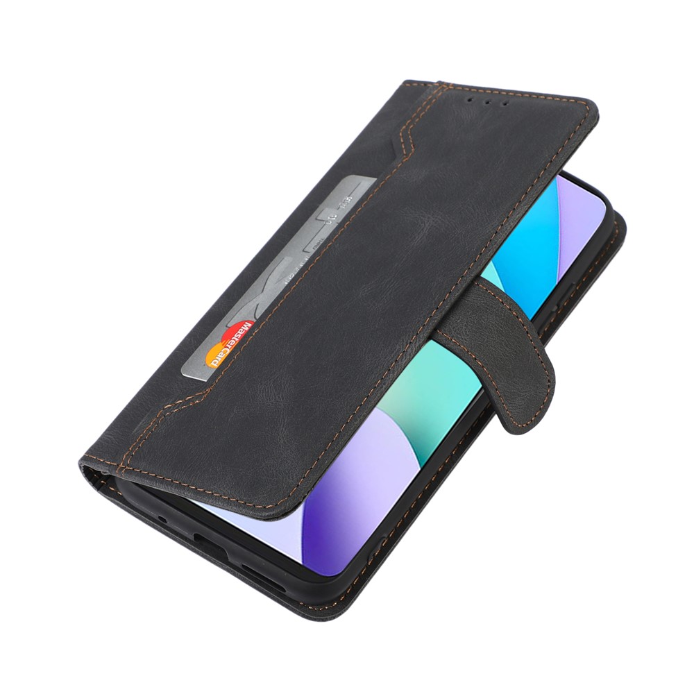 Outer Card Holder Stitching PU Leather Case Wallet Stand Phone Cover for Xiaomi Redmi 10/Redmi 10 Prime - Black-6