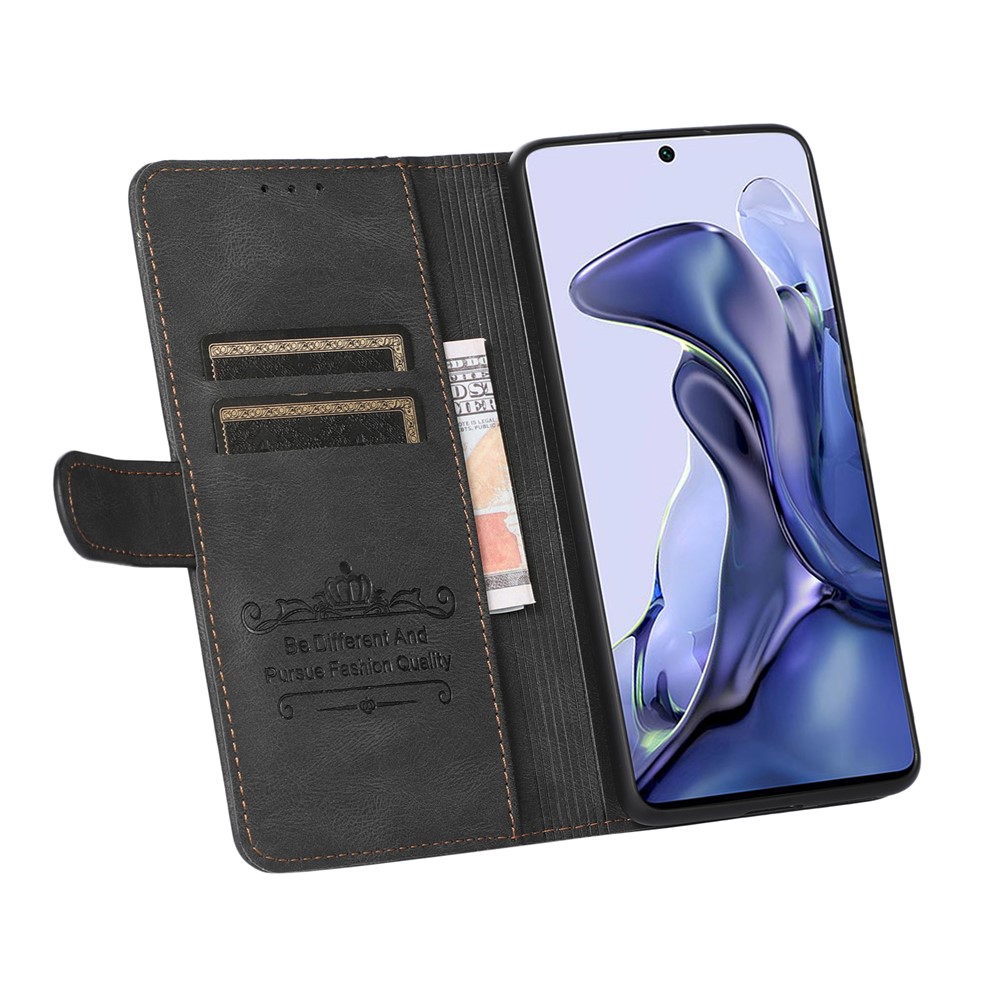 Stitching PU Leather Cover Foldable Stand Wallet Phone Case Shell for Xiaomi 11T/11T Pro - Black-5