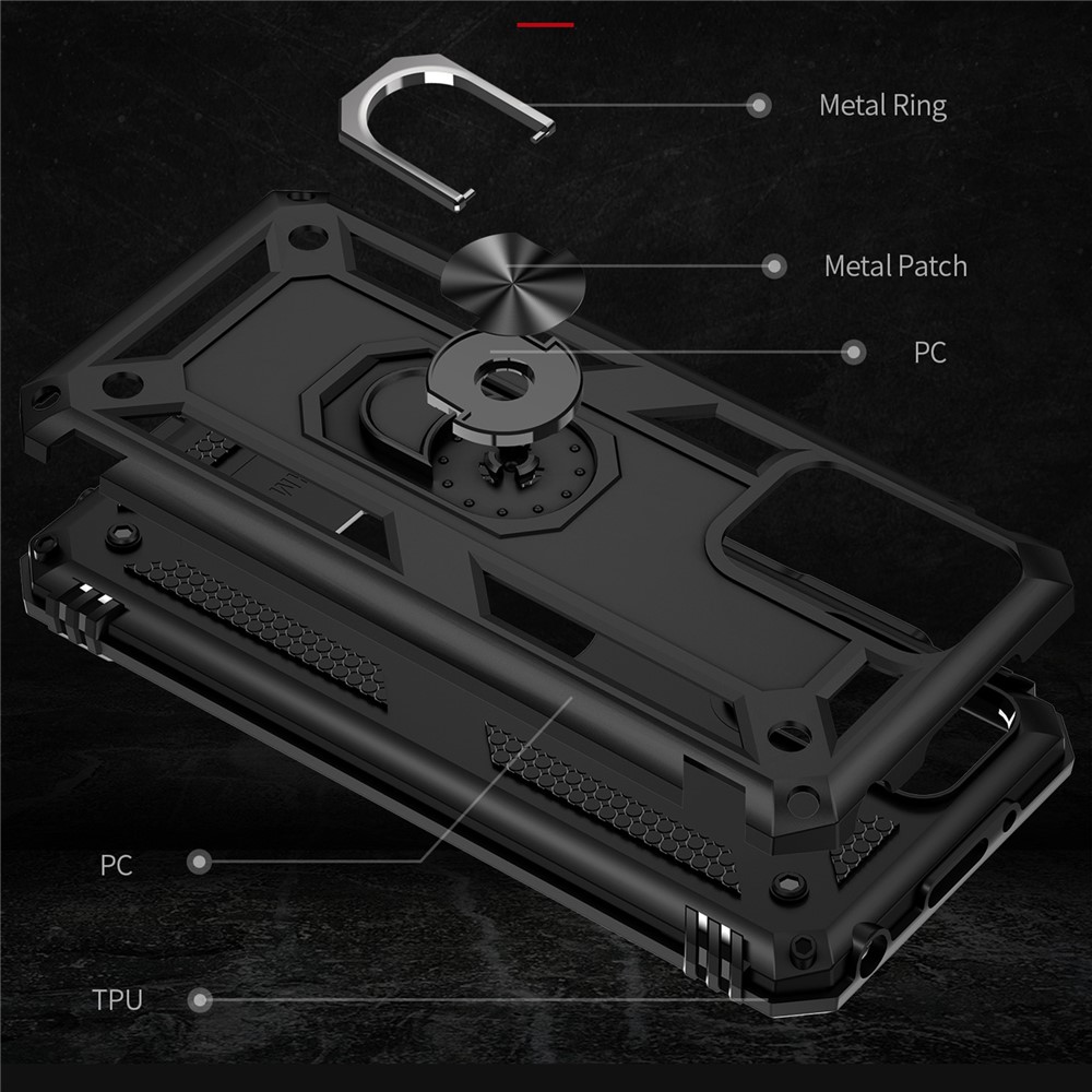 Heavy Duty Soft Flexible TPU Hard PC Anti-Slip Protective Phone Case with Ring Car Mount Kickstand for Xiaomi Redmi 10 - Black-2