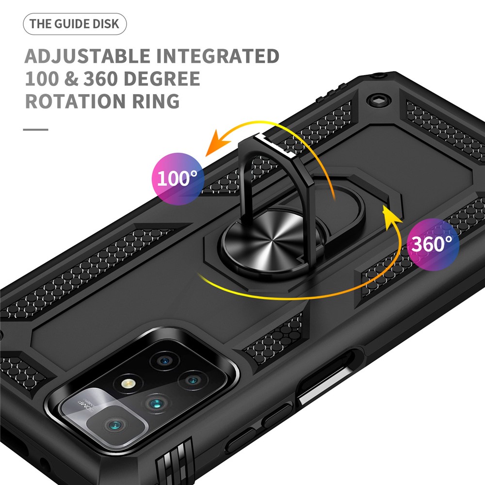 Heavy Duty Soft Flexible TPU Hard PC Anti-Slip Protective Phone Case with Ring Car Mount Kickstand for Xiaomi Redmi 10 - Black-3