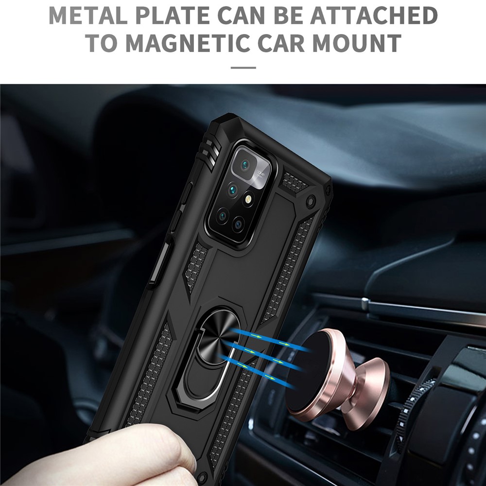 Heavy Duty Soft Flexible TPU Hard PC Anti-Slip Protective Phone Case with Ring Car Mount Kickstand for Xiaomi Redmi 10 - Black-4