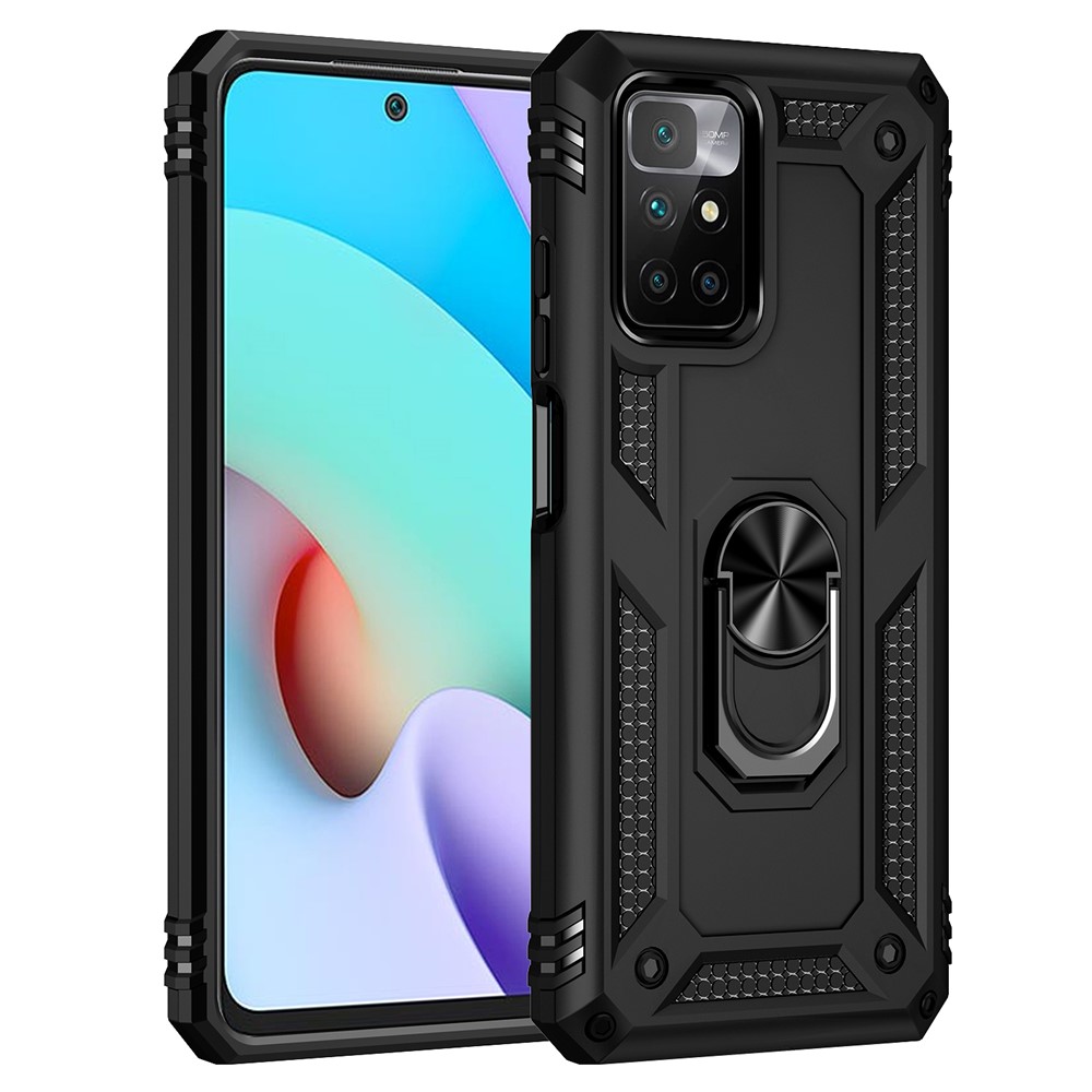Heavy Duty Soft Flexible TPU Hard PC Anti-Slip Protective Phone Case with Ring Car Mount Kickstand for Xiaomi Redmi 10 - Black-7
