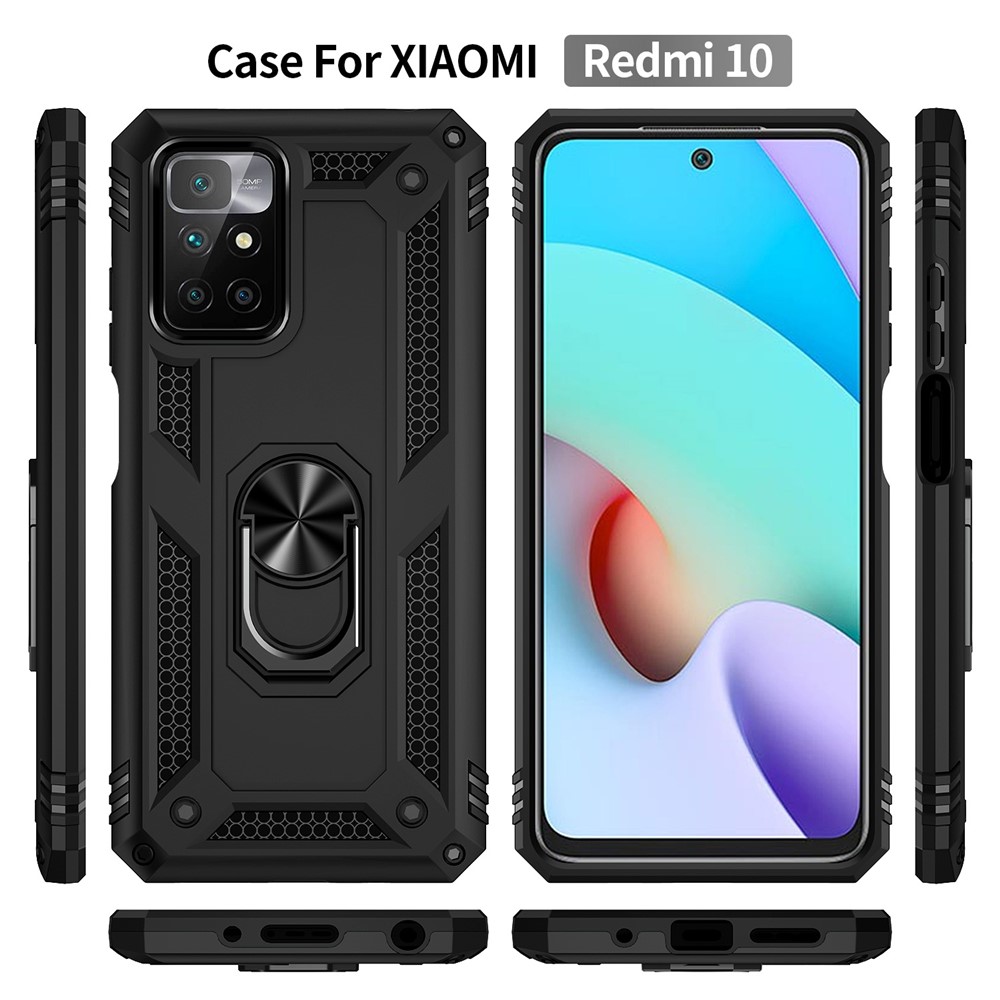 Heavy Duty Soft Flexible TPU Hard PC Anti-Slip Protective Phone Case with Ring Car Mount Kickstand for Xiaomi Redmi 10 - Black-8