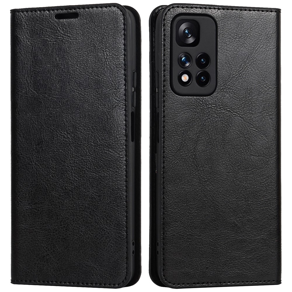 Crazy Horse Texture Scratch Resistant Genuine Leather Magnetic Auto Closing Cover Stand Flip Wallet Case for Xiaomi Redmi Note 11 Pro+/11 Pro - Black-1