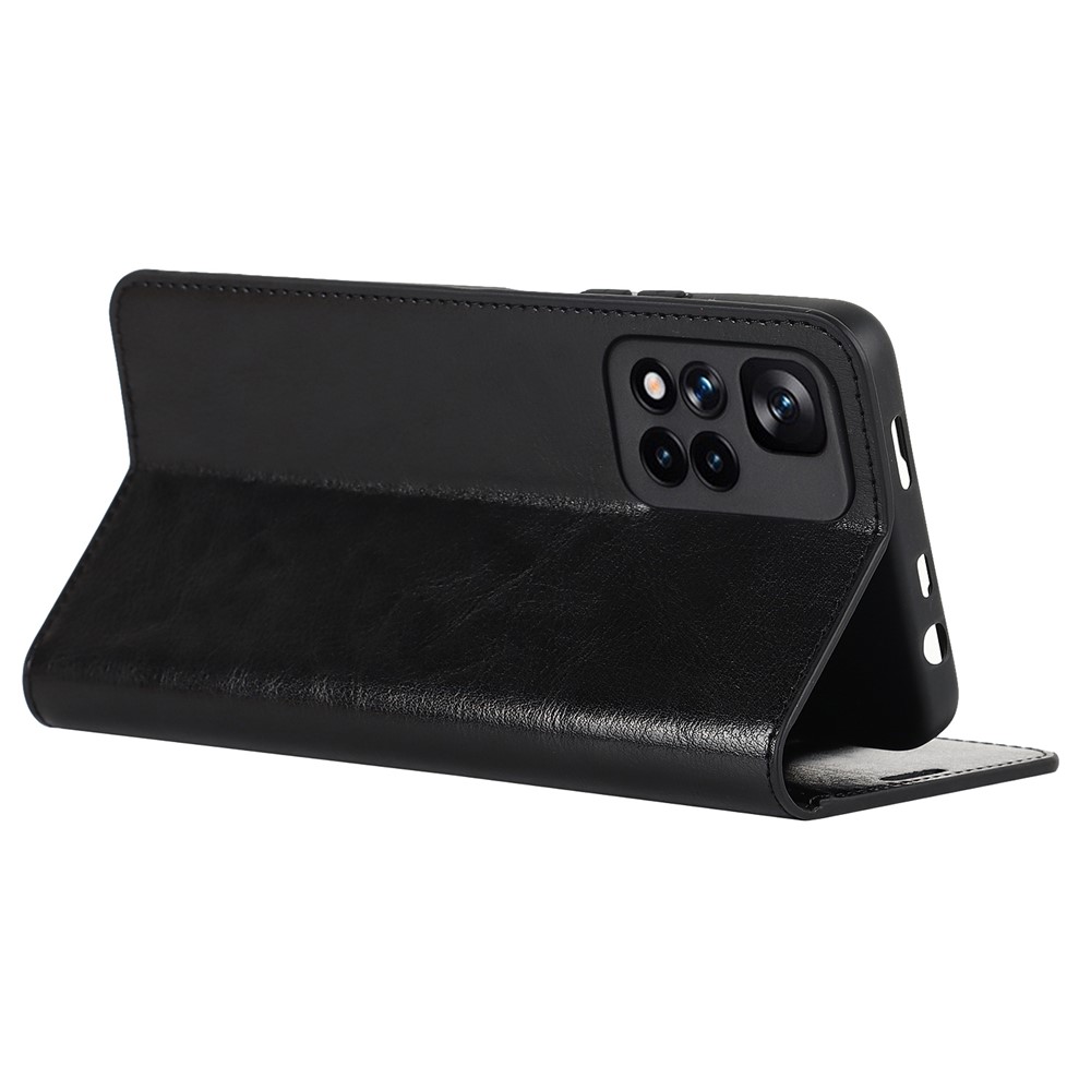 Crazy Horse Texture Scratch Resistant Genuine Leather Magnetic Auto Closing Cover Stand Flip Wallet Case for Xiaomi Redmi Note 11 Pro+/11 Pro - Black-5