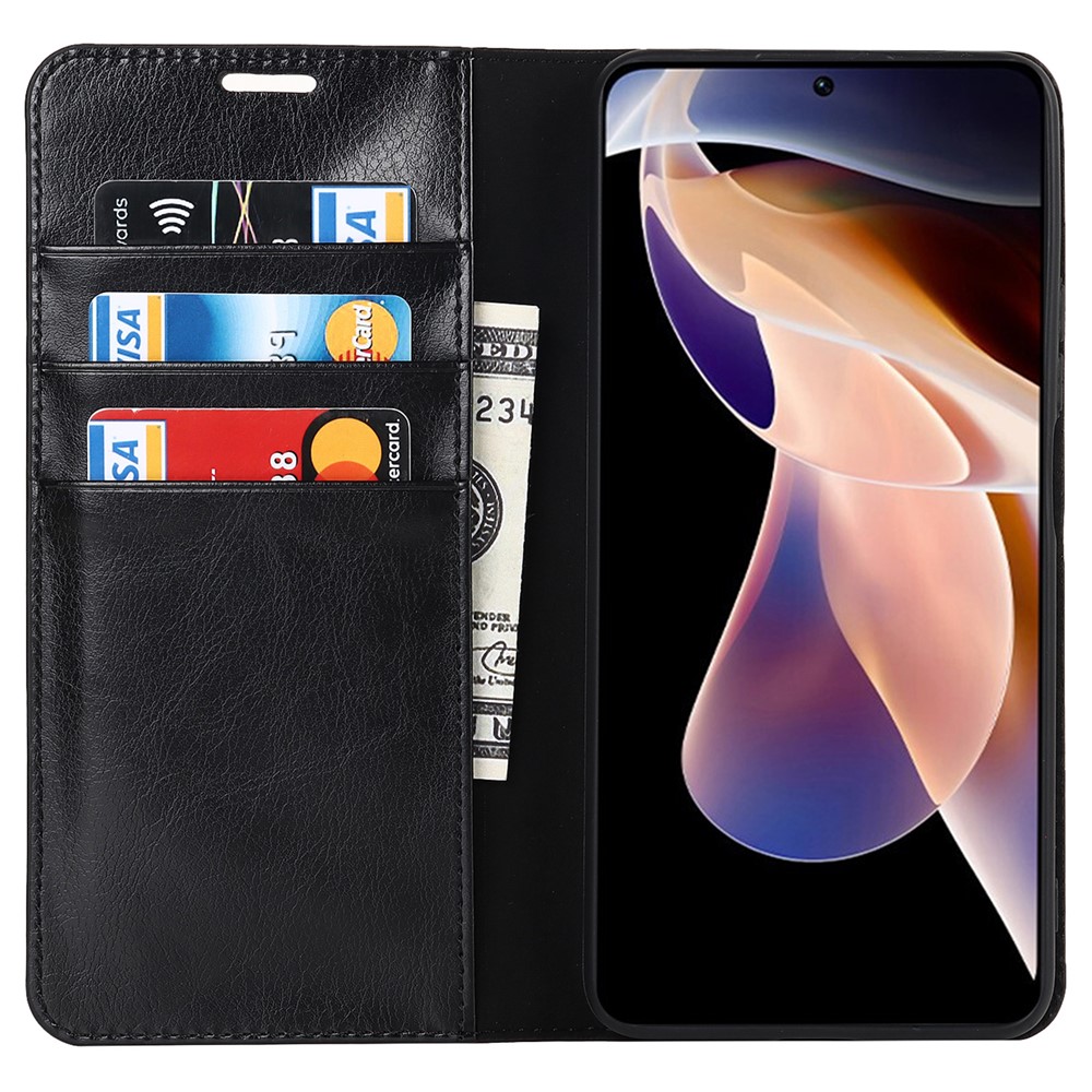 Crazy Horse Texture Scratch Resistant Genuine Leather Magnetic Auto Closing Cover Stand Flip Wallet Case for Xiaomi Redmi Note 11 Pro+/11 Pro - Black-6