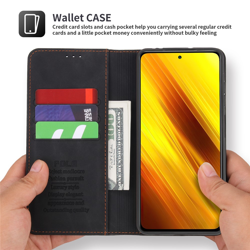 POLA 008 Series Retro Style Stand Wallet Phone Case PU Leather Auto Closing Magnetic Protective Cover for Xiaomi Poco X3/Poco X3 NFC/Poco X3 Pro - Black-3