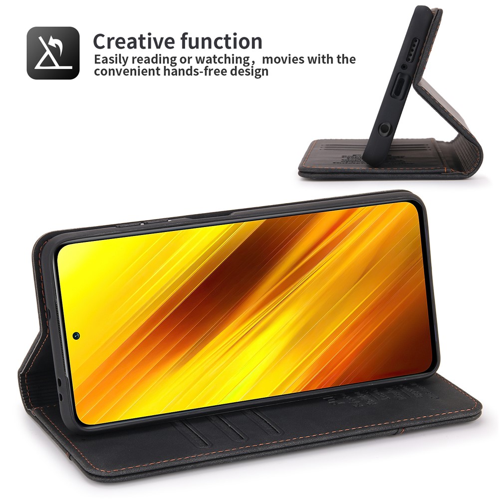 POLA 008 Series Retro Style Stand Wallet Phone Case PU Leather Auto Closing Magnetic Protective Cover for Xiaomi Poco X3/Poco X3 NFC/Poco X3 Pro - Black-4