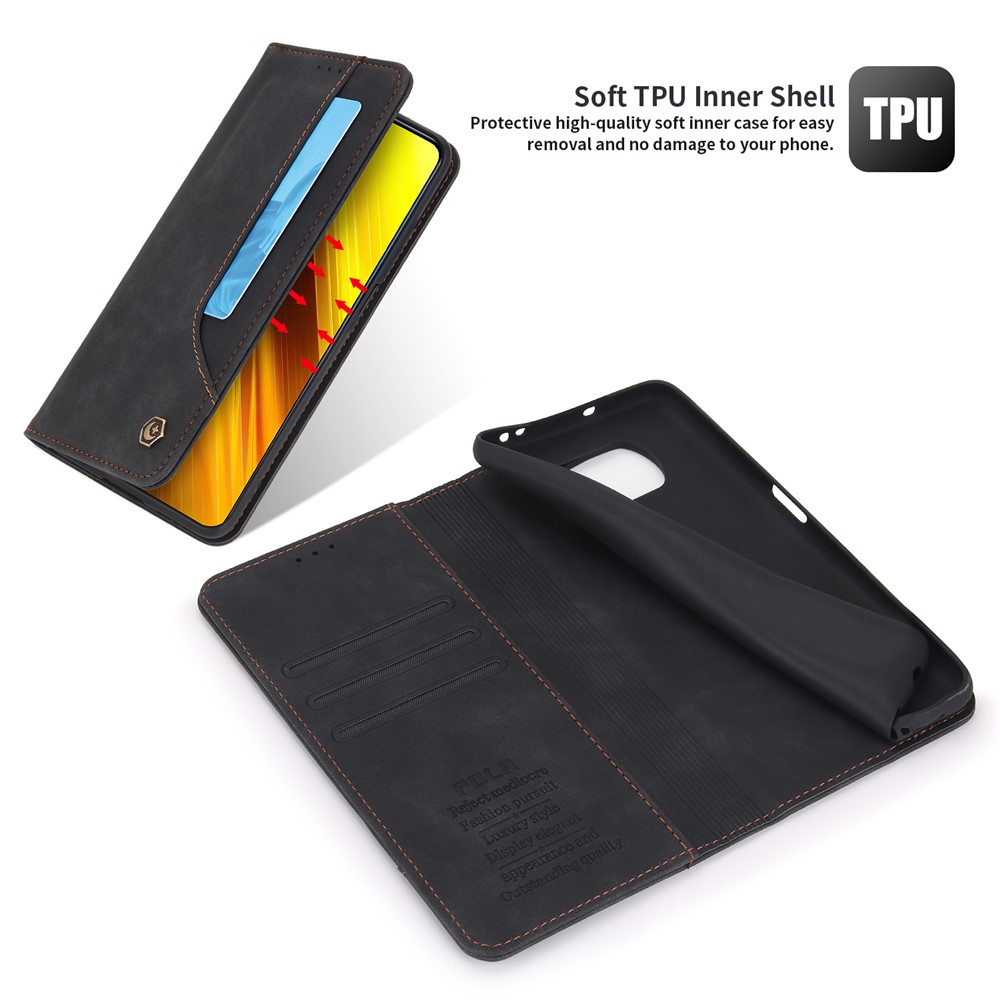 POLA 008 Series Retro Style Stand Wallet Phone Case PU Leather Auto Closing Magnetic Protective Cover for Xiaomi Poco X3/Poco X3 NFC/Poco X3 Pro - Black-5