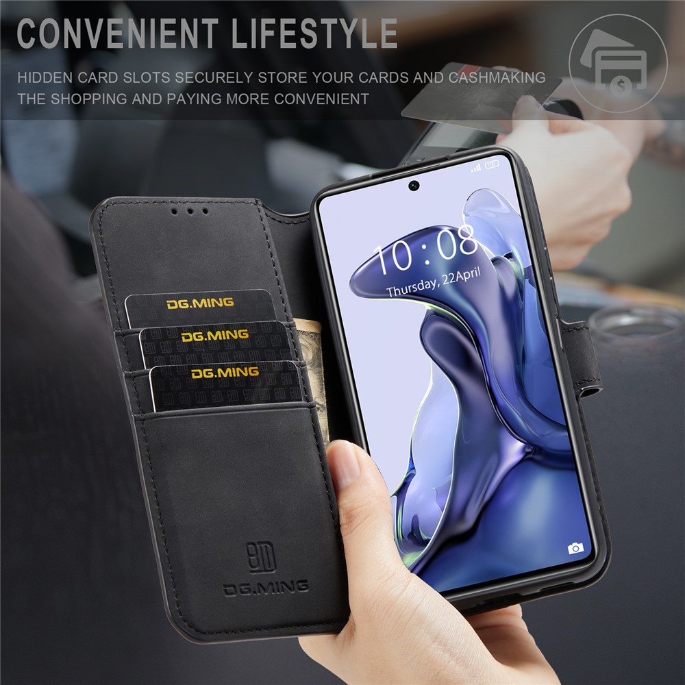 DG.MING Retro Style PU Leather + TPU Foldable Stand Protective Phone Case with Wallet for Xiaomi 11T/11T Pro - Black-6