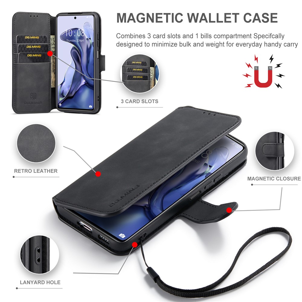 DG.MING Retro Style PU Leather + TPU Foldable Stand Protective Phone Case with Wallet for Xiaomi 11T/11T Pro - Black-7