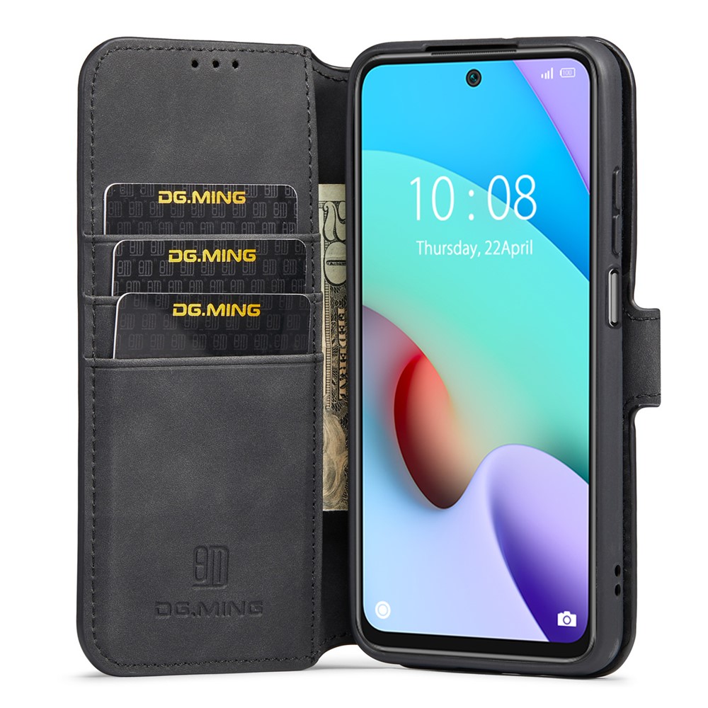 DG.MING Retro Leather + TPU Full Cover Phone Case Wallet Stand Protective Shell for Xiaomi Redmi 10/10 Prime - Black-4