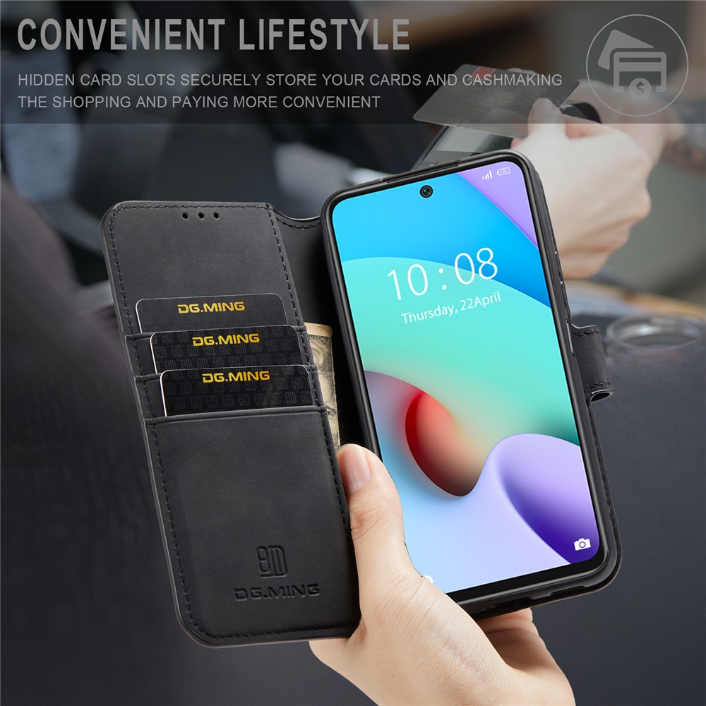 DG.MING Retro Leather + TPU Full Cover Phone Case Wallet Stand Protective Shell for Xiaomi Redmi 10/10 Prime - Black-6