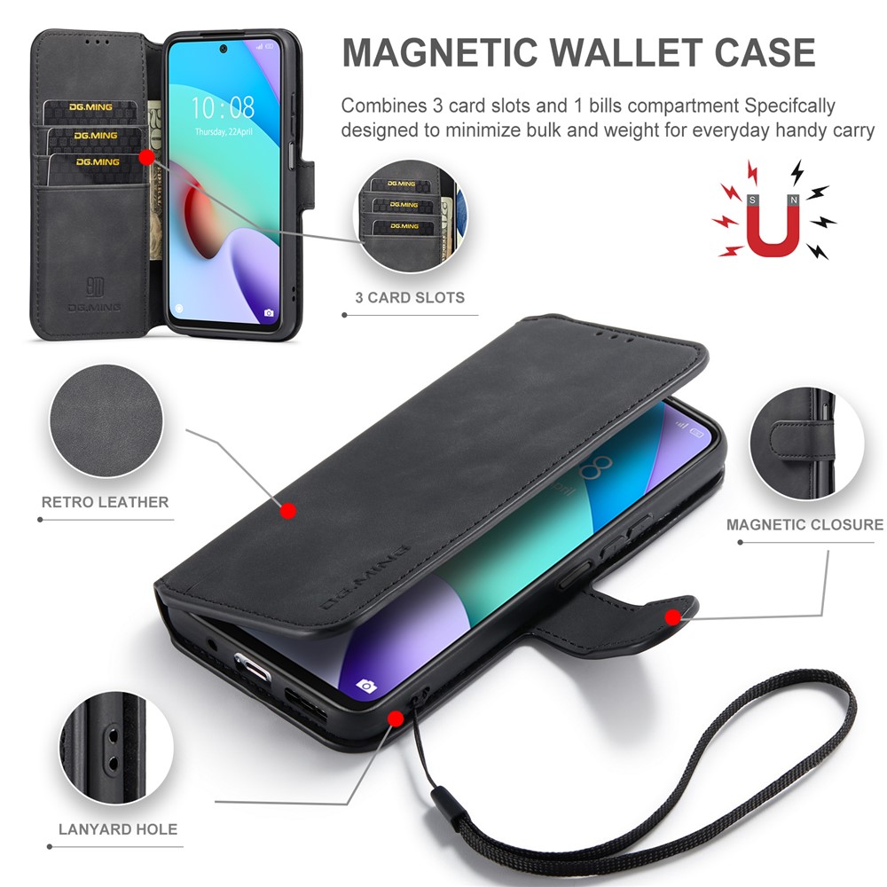 DG.MING Retro Leather + TPU Full Cover Phone Case Wallet Stand Protective Shell for Xiaomi Redmi 10/10 Prime - Black-7