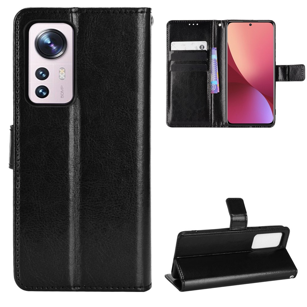 Crazy Horse Texture All-round Shockproof Stand Wallet PU Leather + TPU Case Phone Cover for Xiaomi 12/12X - Black-8
