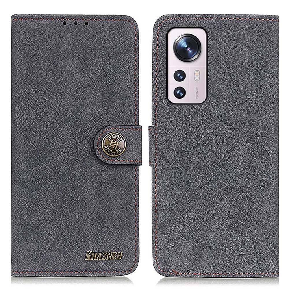 KHAZHEN Anti-scratch Fashionable Stitching Line Vintage Split Leather Flip Cover Stand Wallet TPU Shell for Xiaomi 12 Pro - Black-1