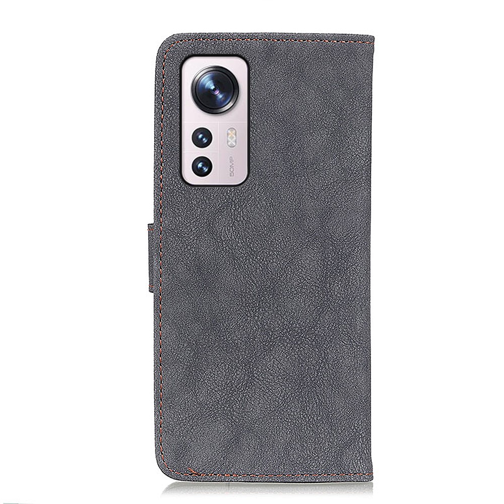 KHAZHEN Anti-scratch Fashionable Stitching Line Vintage Split Leather Flip Cover Stand Wallet TPU Shell for Xiaomi 12 Pro - Black-3