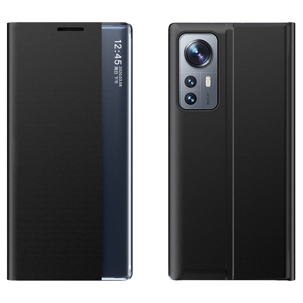 Shockproof Mobile Phone Auto-absorbed Auto Wake/Sleep Leather Stand Cover Protective Case with View Window for Xiaomi 12 Pro - Black-1
