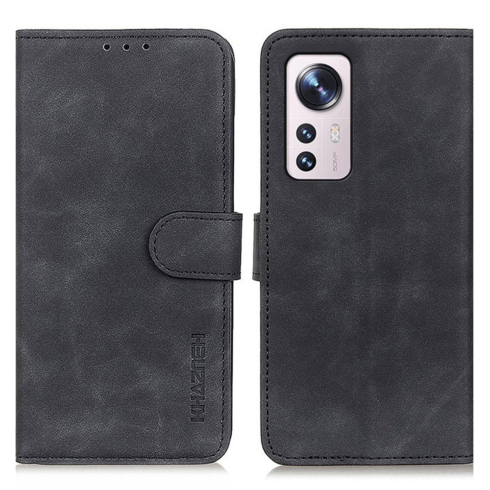 KHAZNEH Vintage PU Leather Wallet Case Shockproof TPU Stand Book Style Flip Phone Cover for Xiaomi 12 / 12X - Black-1