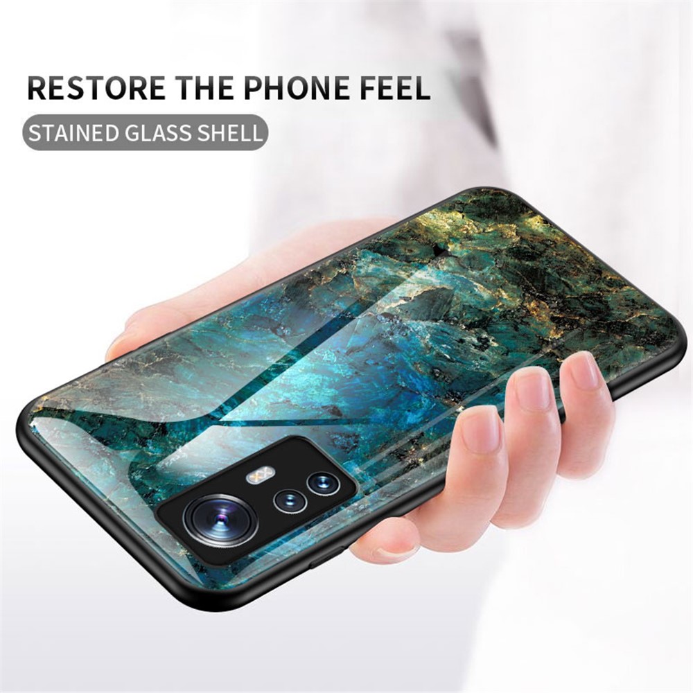 Marble Pattern Shockproof TPU Bumper Tempered Glass + PC Back Cover Well-protected Phone Case for Xiaomi 12/12X - Gold Black Marble-2