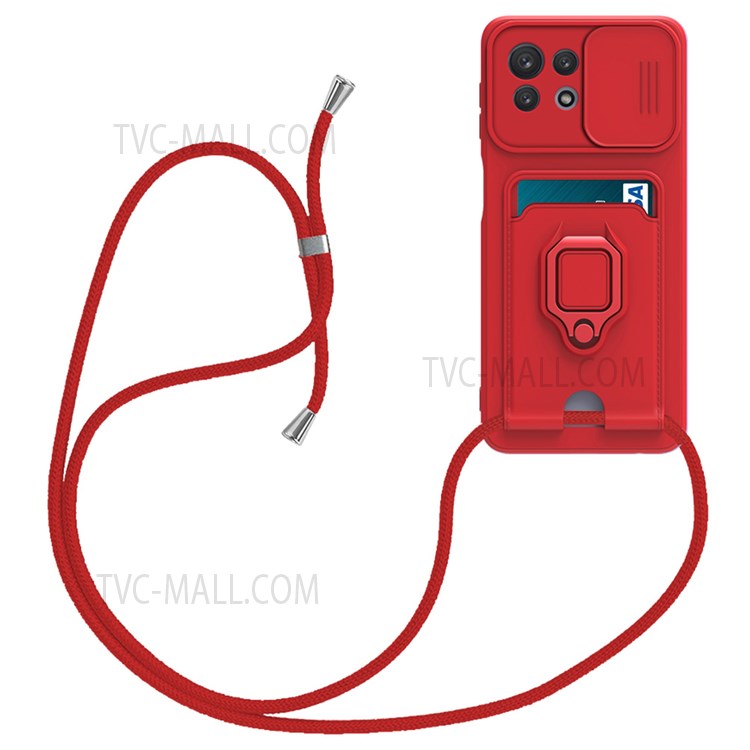For Xiaomi Mi 11 Lite 4G/5G / 11 Lite 5G NE Kickstand Soft TPU Camera Protection Back Card Holder Phone Case with Lanyard - Red-1
